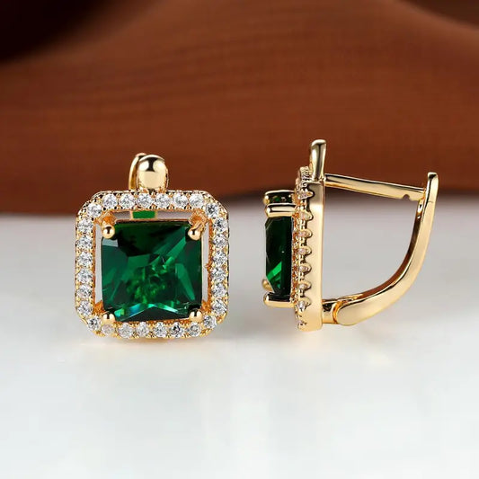 Doré Vert Carré Zircone Boucles d'Oreilles | Or