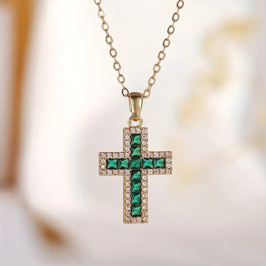 Solene Émeraude Croix Collier à Pendentif | Or
