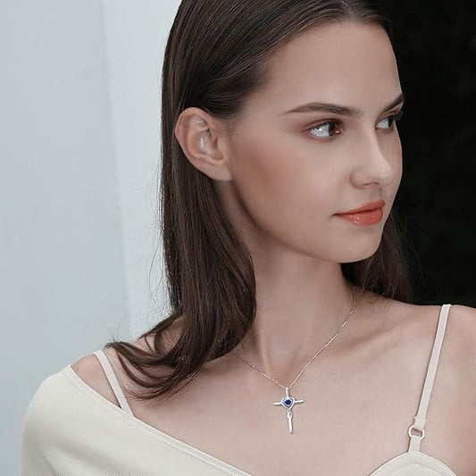 Saphir Cœur Pierre Croix Collier | Or Blanc