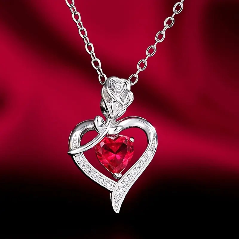 Argent Rubis Cœur Collier à Pendentif