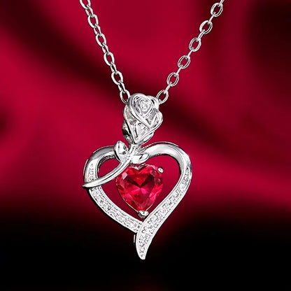 Argent Rubis Cœur Collier à Pendentif