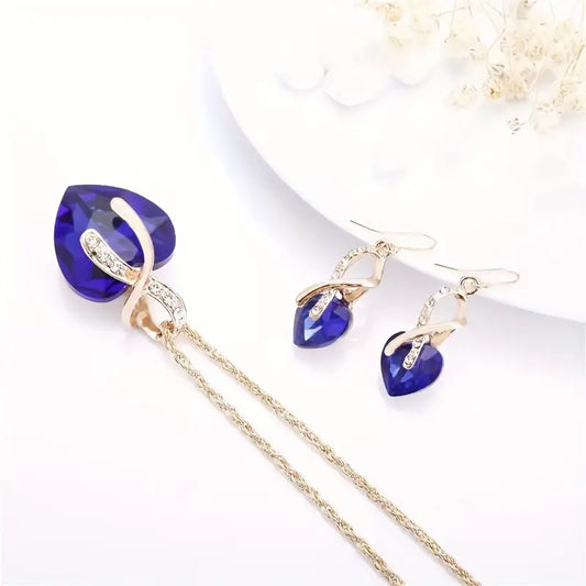 Or Saphir Cœur Collier et Boucles d'Oreilles Set