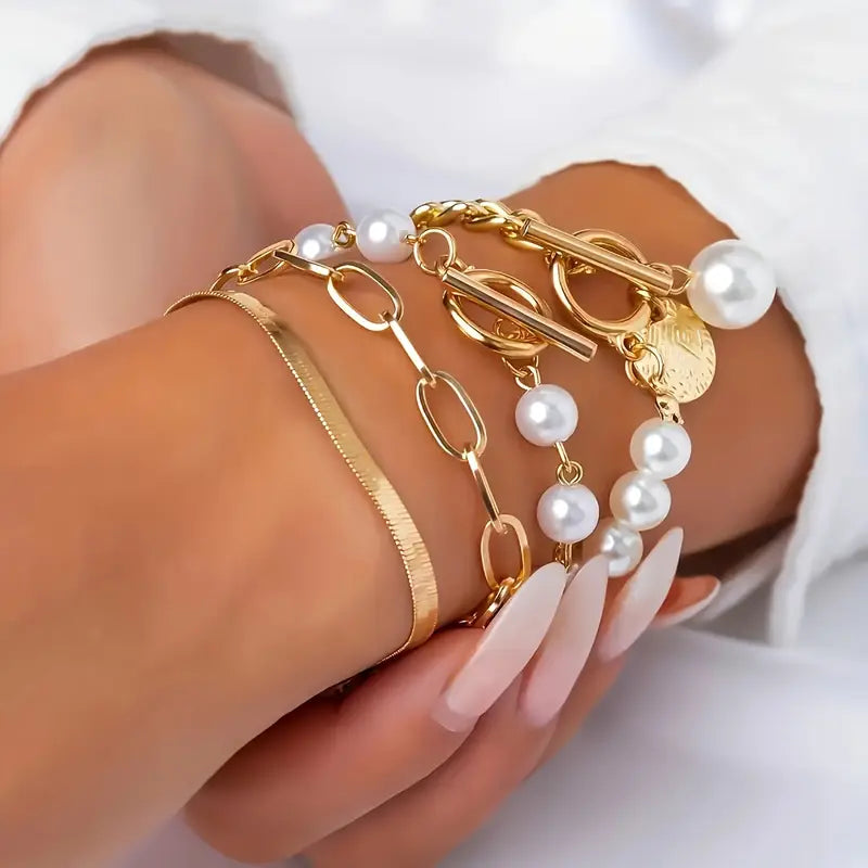Chic Or 4-Piece Bracelet Set - Serpent, Perles & Maillons | Or