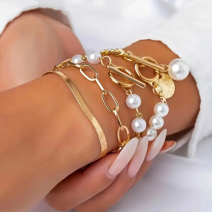 Chic Or 4-Piece Bracelet Set - Serpent, Perles & Maillons | Or