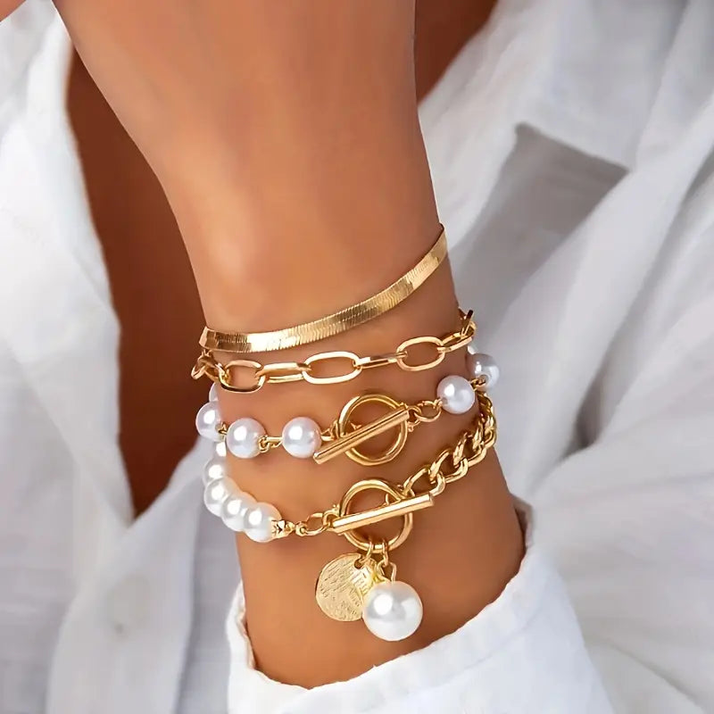 Chic Or 4-Piece Bracelet Set - Serpent, Perles & Maillons | Or