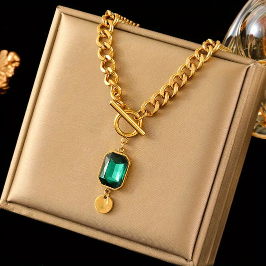 Chunky Chaîne Émeraude Collier à Pendentif | Or