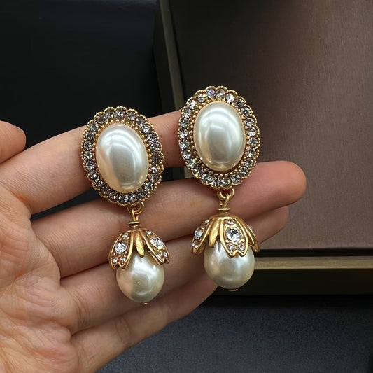 Vintage Perle Frame Boucles d'Oreilles Pendantes