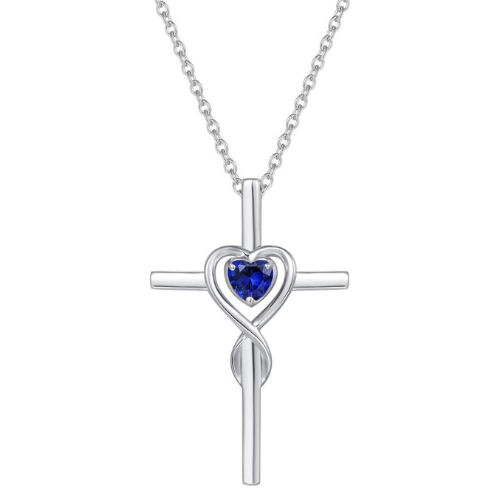 Saphir Cœur Pierre Croix Collier | Or Blanc