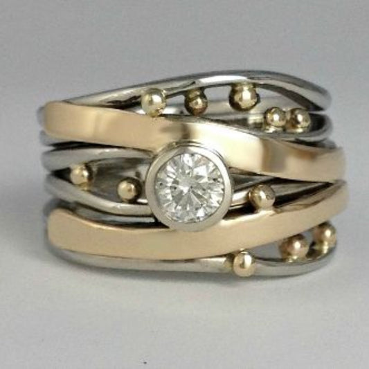 Argent et Or Serti Clos Enveloppant Bague