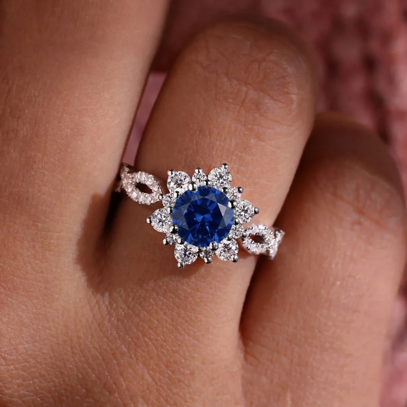 Cristal Saphir Fleur Bague | Or Blanc