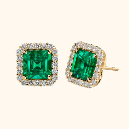 Or Émeraude Carré Halo Puces d'Oreilles