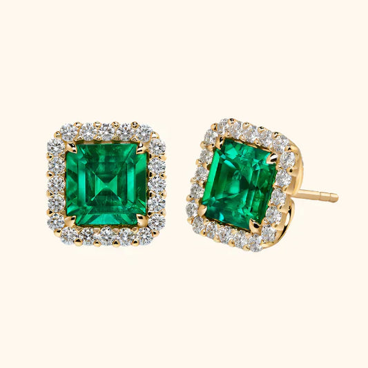 Or Émeraude Carré Halo Puces d'Oreilles