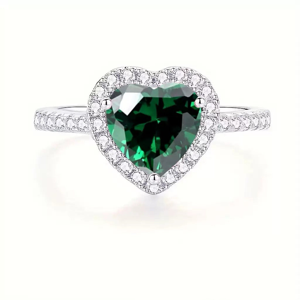 Argent Émeraude Cœur Halo Bague
