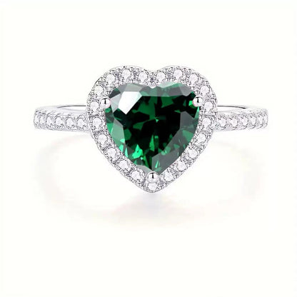 Argent Émeraude Cœur Halo Bague