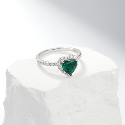 Argent Émeraude Cœur Halo Bague