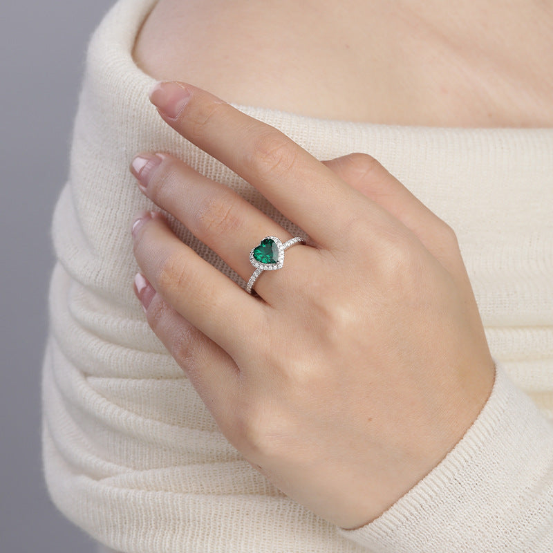 Argent Émeraude Cœur Halo Bague