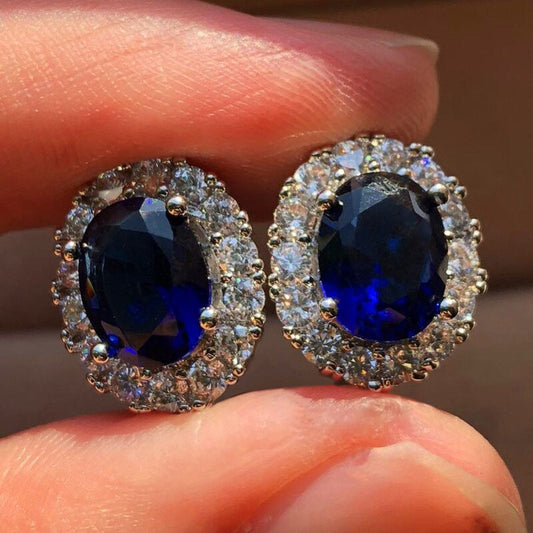 Ovale Blanc Saphir Puces d'Oreilles | Or Blanc