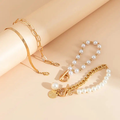 Chic Or 4-Piece Bracelet Set - Serpent, Perles & Maillons | Or