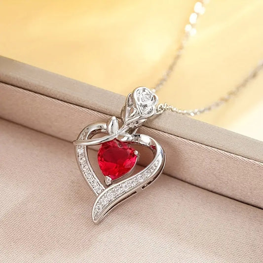 Argent Rubis Cœur Collier à Pendentif
