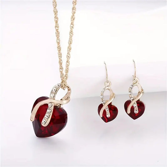 Or Rubis Torsadé Cœur Bijou Set