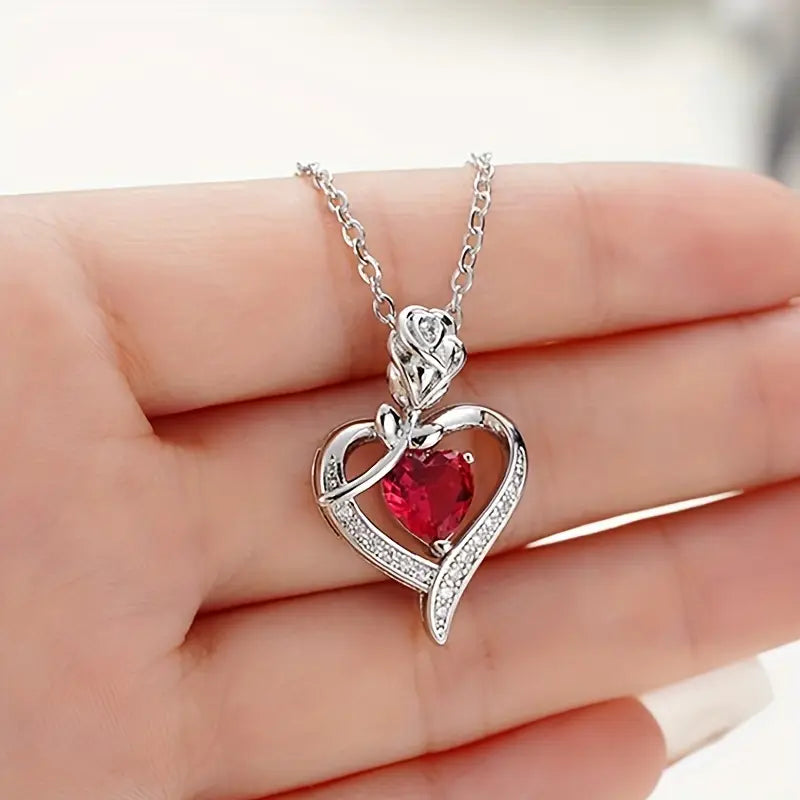 Argent Rubis Cœur Collier à Pendentif