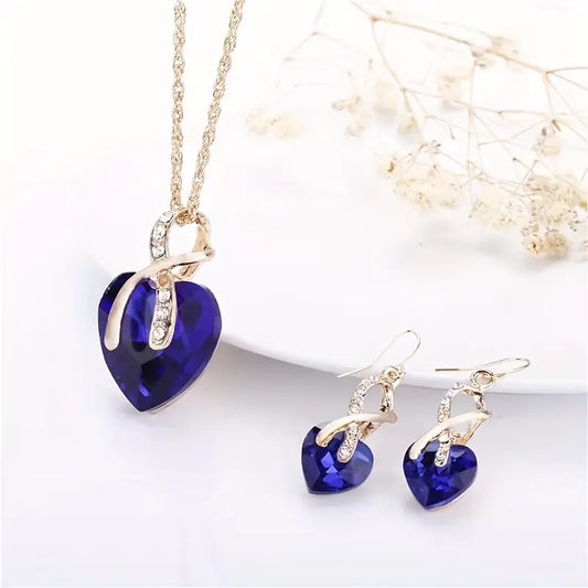 Or Saphir Cœur Collier et Boucles d'Oreilles Set