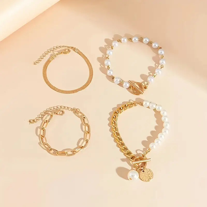 Chic Or 4-Piece Bracelet Set - Serpent, Perles & Maillons | Or