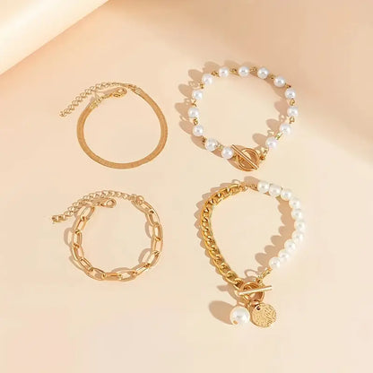 Chic Or 4-Piece Bracelet Set - Serpent, Perles & Maillons | Or