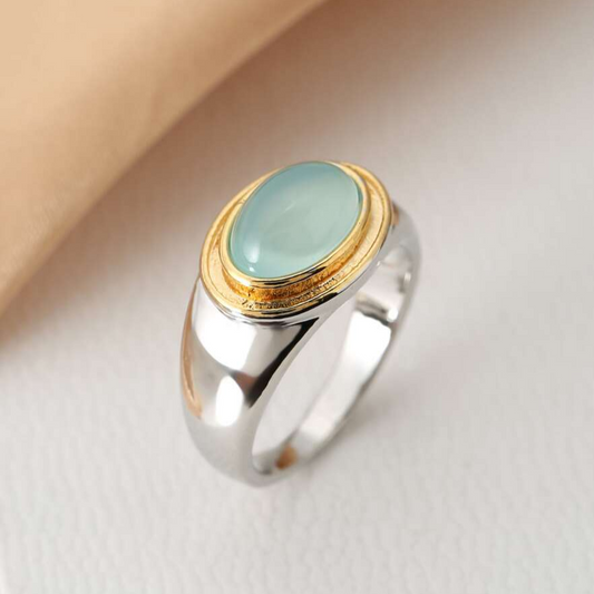 Argent et Or Serti Clos Cabochon Bague