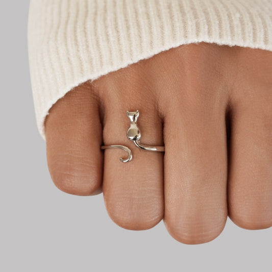 Argent Chat Motif Bague